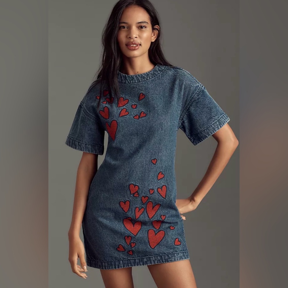 Anthropologie Dhruv Kapoor Embroidered Hearts Denim Short Sleeve Mini Dress